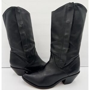 Vtg Black Leather Pull On Ankle Bootie Heels Western Pointed Toe Size 7.5-8 Snap